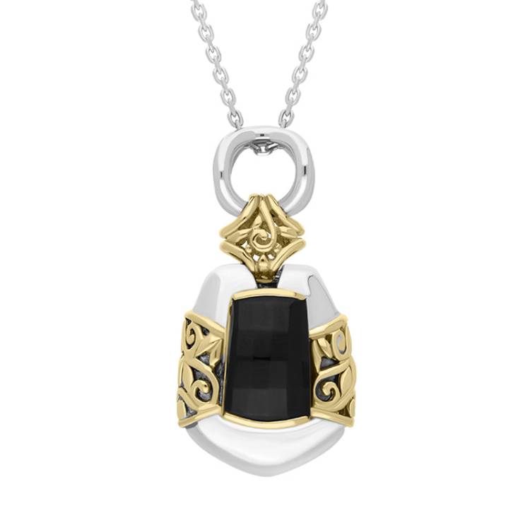 Sterling Silver Whitby Jet Ornate Faceted Necklace D - Silver