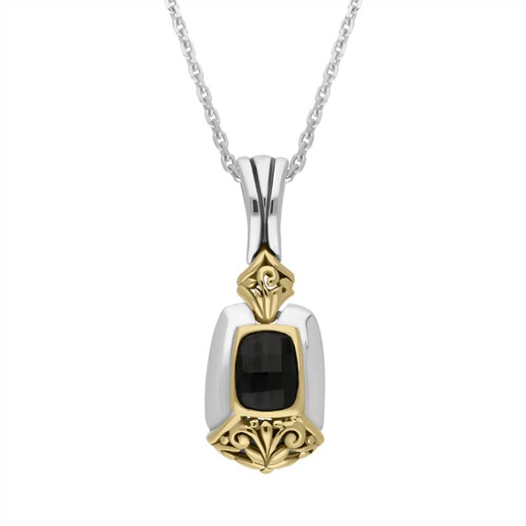 Sterling Silver Whitby Jet Ornate Oblong Necklace D - Silver