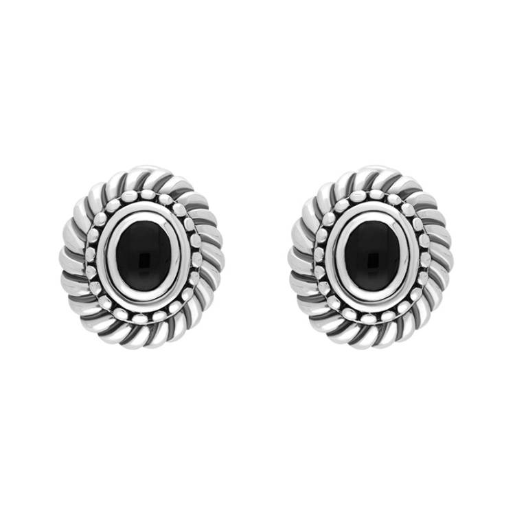Sterling Silver Whitby Jet Oval Rope Edge Omega Clip Earrings D - Silver