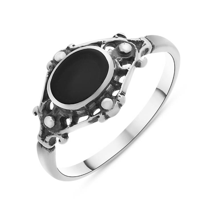 Sterling Silver Whitby Jet Oval Bar Ring - Silver