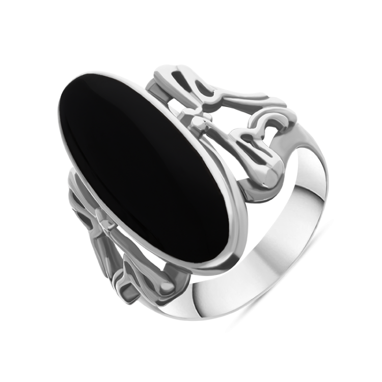 Sterling Silver Whitby Jet Oval Carved Edge Ring