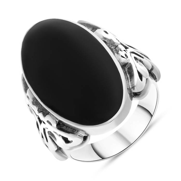 Sterling Silver Whitby Jet Oval Carved Side Ring - Silver