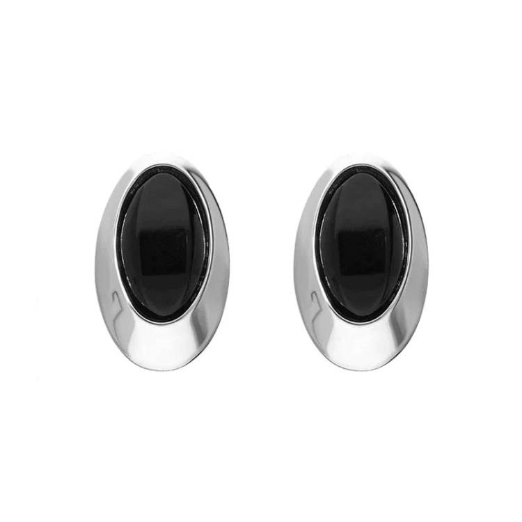 Sterling Silver Whitby Jet Oval Offset Stud Earrings - Silver