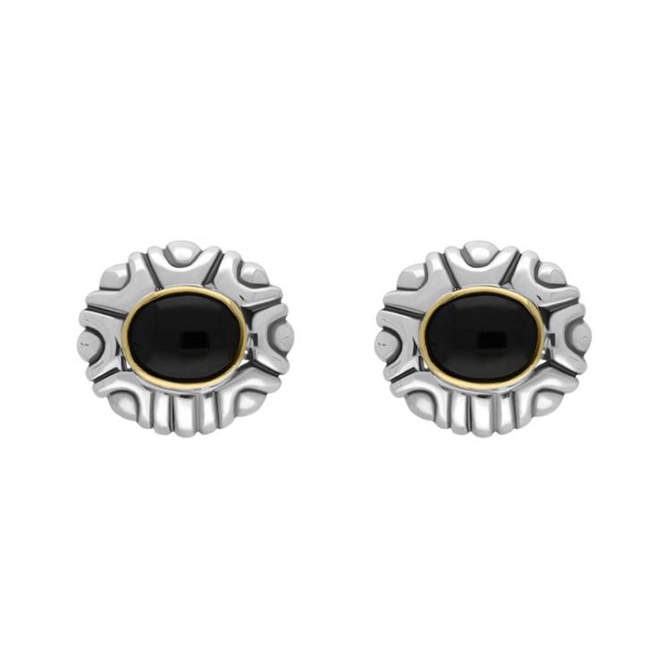 Sterling Silver Whitby Jet Oval Ribbed Omega Clip Earrings D - Silver