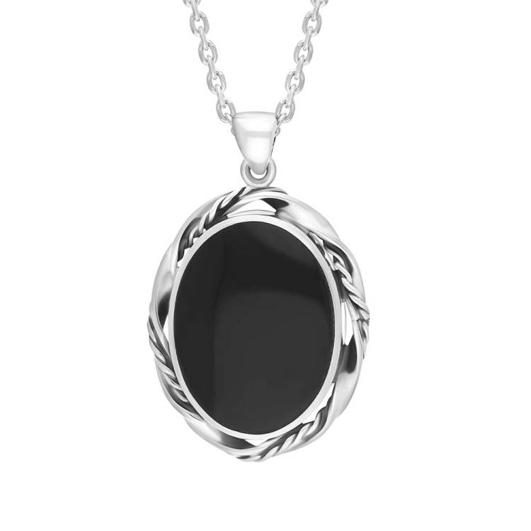 Sterling Silver Whitby Jet Oval Rope Frame Necklace D
