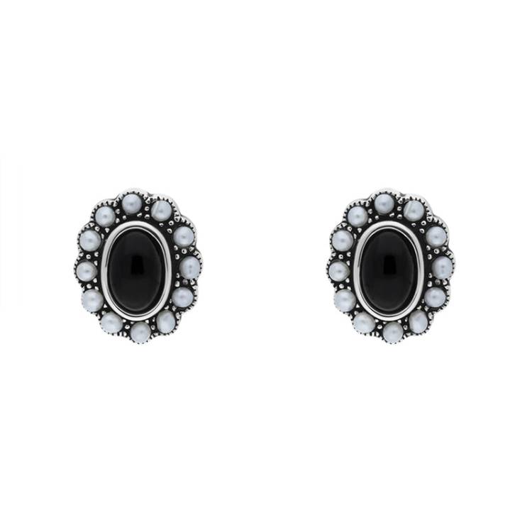 Sterling Silver Whitby Jet Pearl Oval Beaded Edge Stud Earrings - Silver