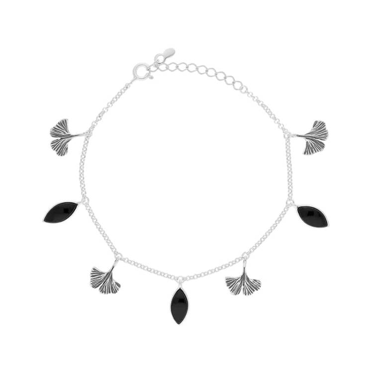 Sterling Silver Whitby Jet Petal Charm Bracelet - Silver