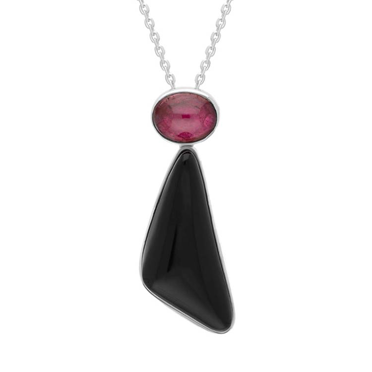 Sterling Silver Whitby Jet Pink Tourmaline Triangle Two Stone Necklace - Silver