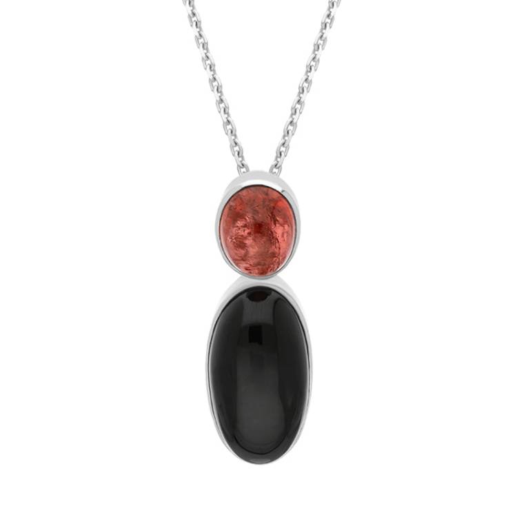 Sterling Silver Whitby Jet Pink Tourmaline Oval Two Stone Necklace - Silver