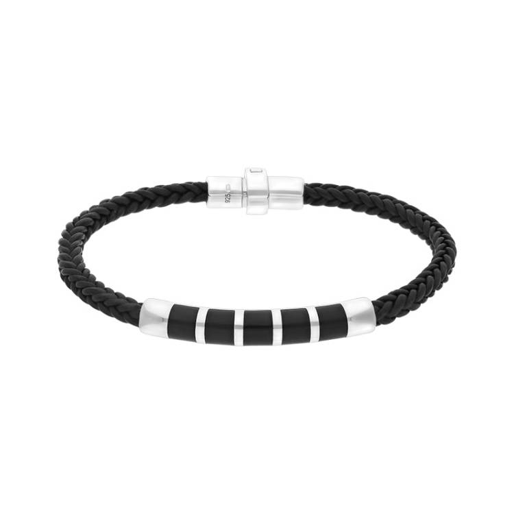 Sterling Silver Whitby Jet Plaited Leather Bar Bracelet - 7.5 inch
