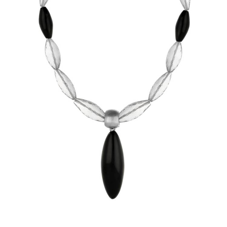Sterling Silver Whitby Jet Quartz Marquise Bead Necklace D - Silver