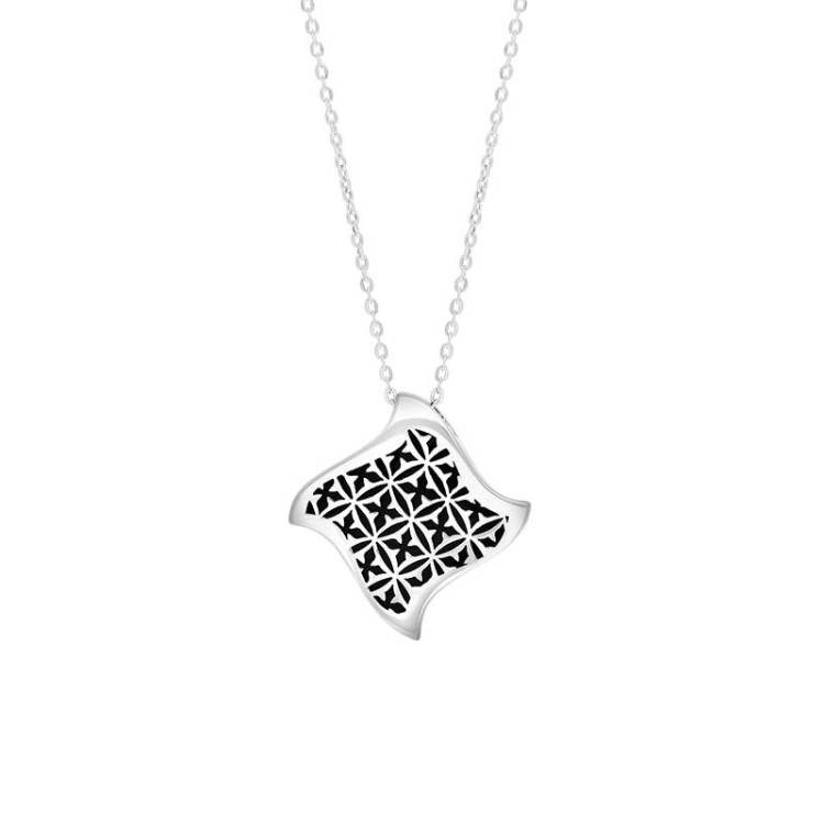 Sterling Silver Whitby Jet Reversible Gothic Filigree Square Pendant Necklace - Silver