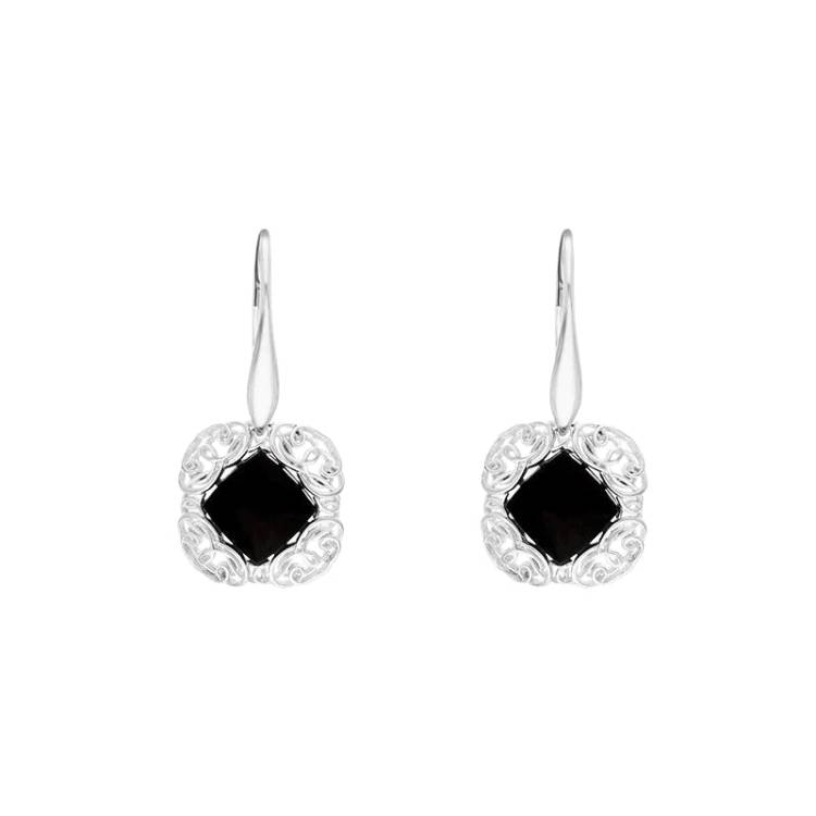 Sterling Silver Whitby Jet Rhombus Cushion Drop Earrings - Silver