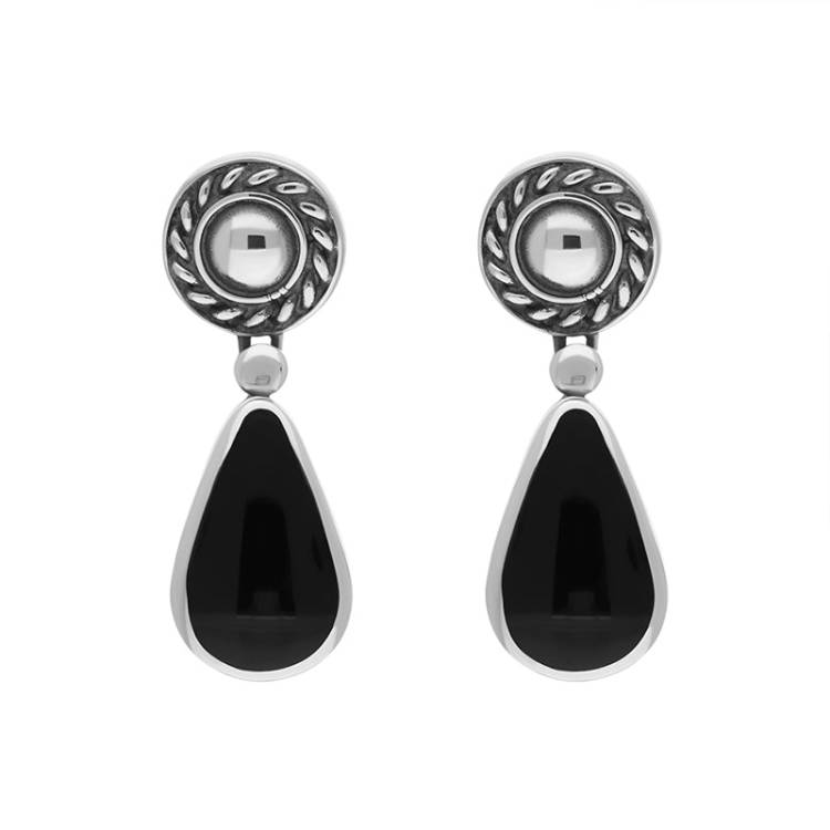 Sterling Silver Whitby Jet Rope Top Pear Drop Earrings - Silver