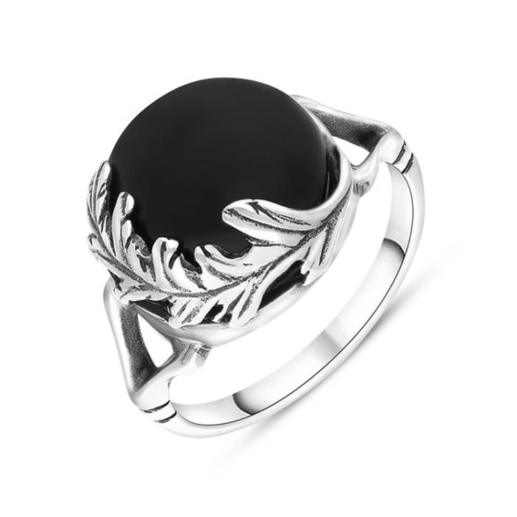 Sterling Silver Whitby Jet Round Acanthus Leaf Ring - Silver
