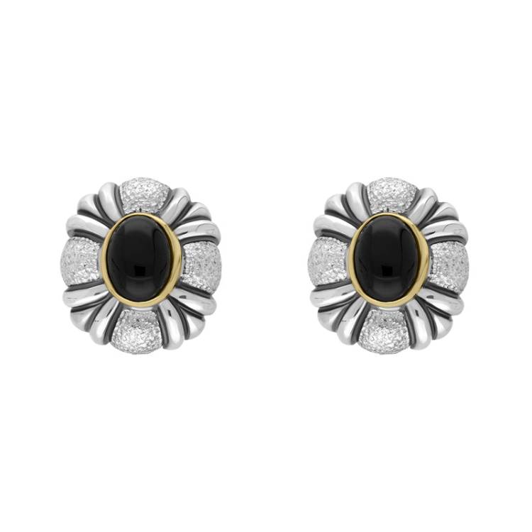 Sterling Silver Whitby Jet Round Banded Omega Clip Earrings D - Silver