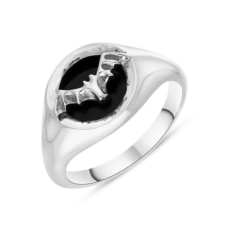 Sterling Silver Whitby Jet Round Bat Ring - Silver