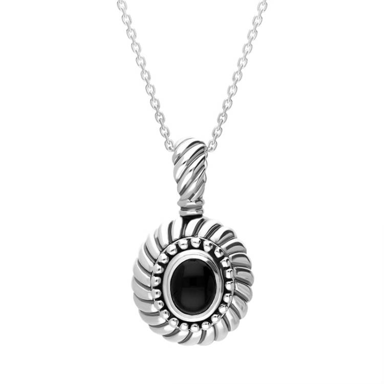 Sterling Silver Whitby Jet Beaded Edge Necklace D - Silver
