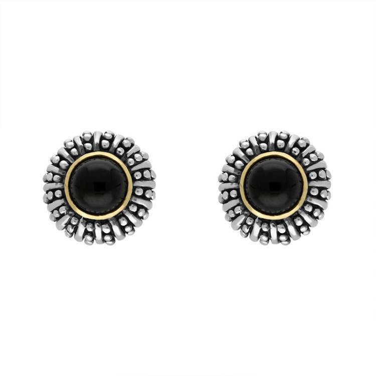 Sterling Silver Whitby Jet Round Beaded Edge Omega Clip Earrings D - Silver