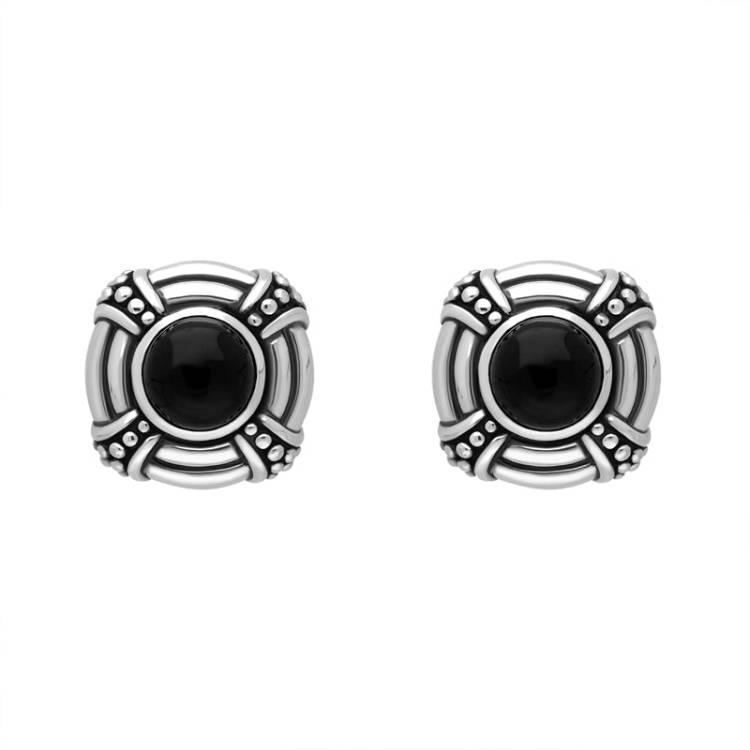 Sterling Silver Whitby Jet Round Omega Clip Earrings D - Silver