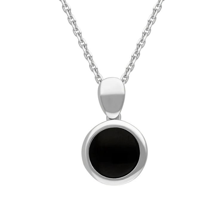 Sterling Silver Whitby Jet Round Open Back Necklace - Silver