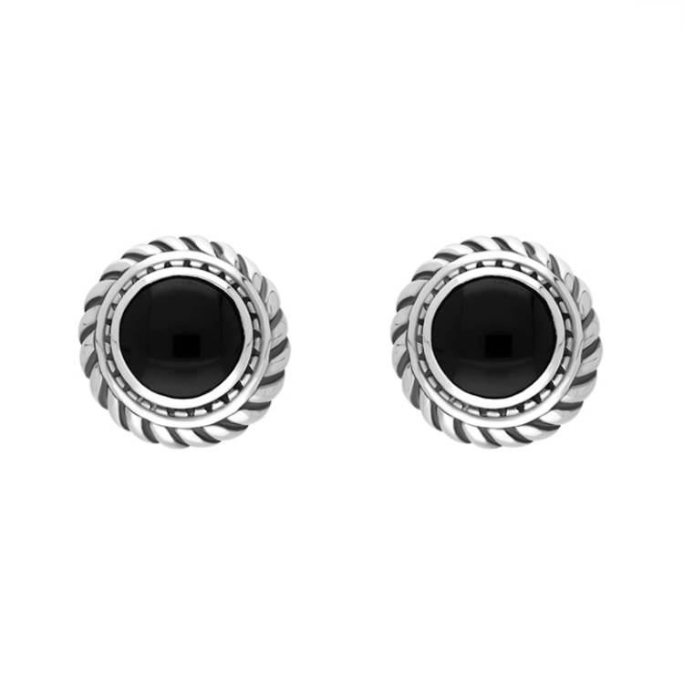 Sterling Silver Whitby Jet Round Rope Edge Omega Clip Earrings D - Silver