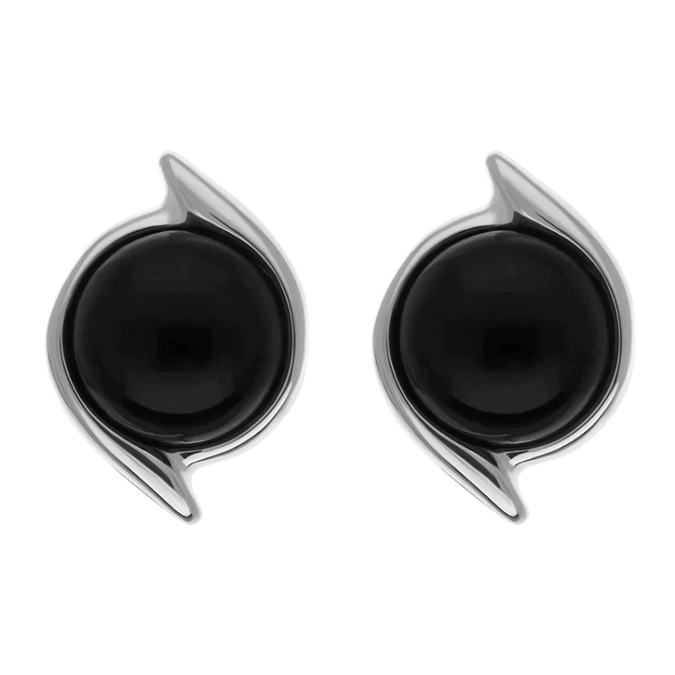 Sterling Silver Whitby Jet Round Swirl Edge Stud Earrings - Silver