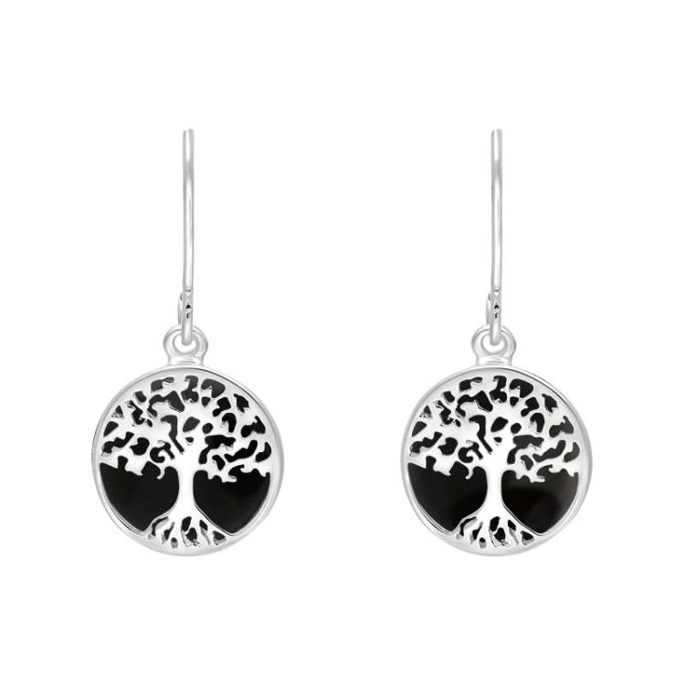 Sterling Silver Whitby Jet Round Tree of Life Drop Earrings