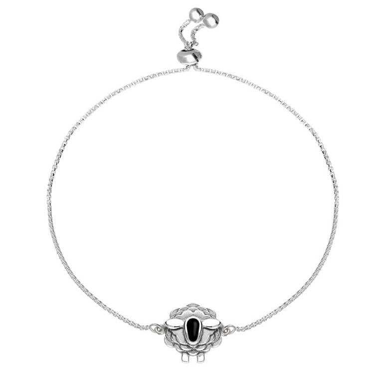Sterling Silver Whitby Jet Sheep Adjustable Bracelet - Silver
