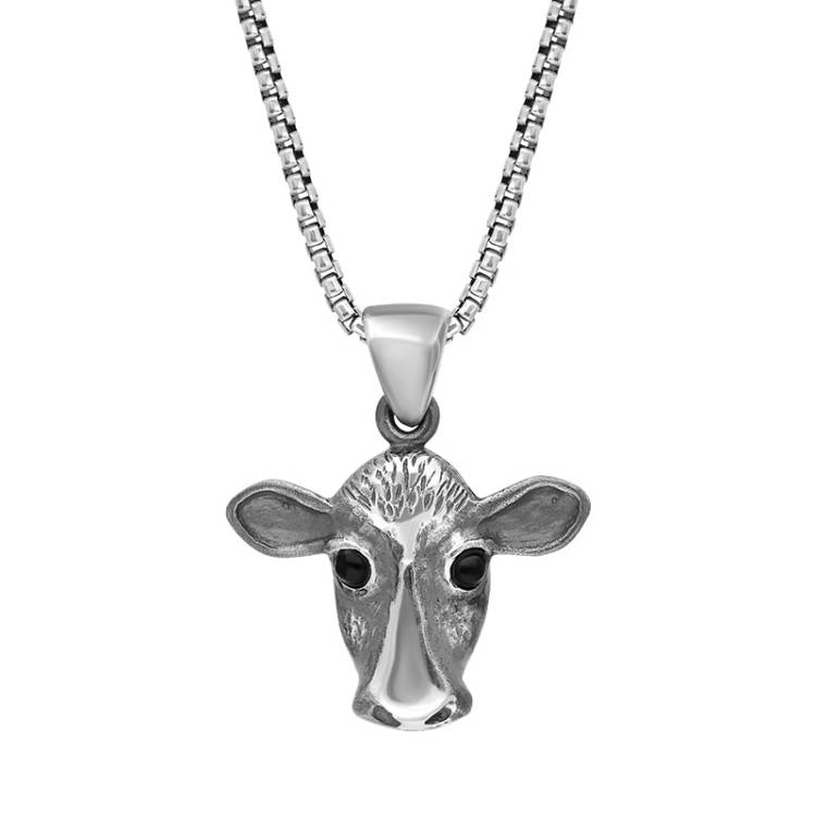 Sterling Silver Whitby Jet Small Cow Necklace