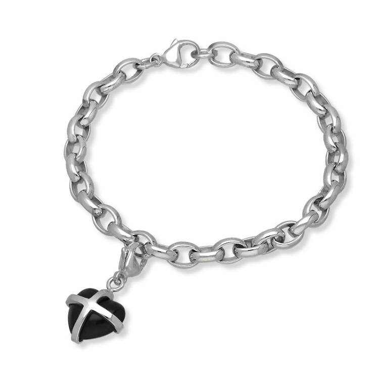 Sterling Silver Whitby Jet Small Cross Heart Charm Bracelet - Option1 Value Silver