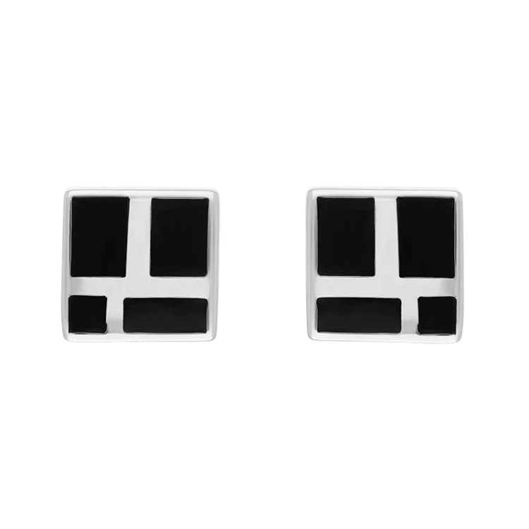 Sterling Silver Whitby Jet Small Four Stone Square Stud Earrings - Silver