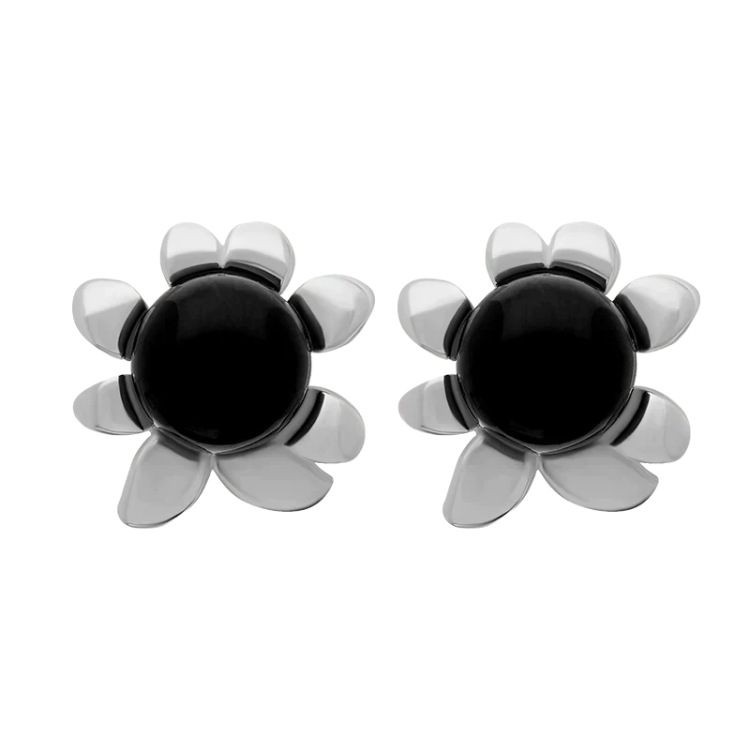 Sterling Silver Whitby Jet Small Round Petal Edge Stud Earrings - Silver