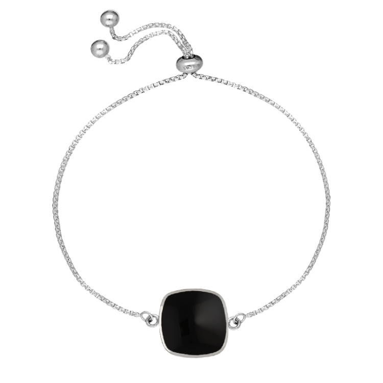 Sterling Silver Whitby Jet Square Cushion Adjustable Bracelet - Silver