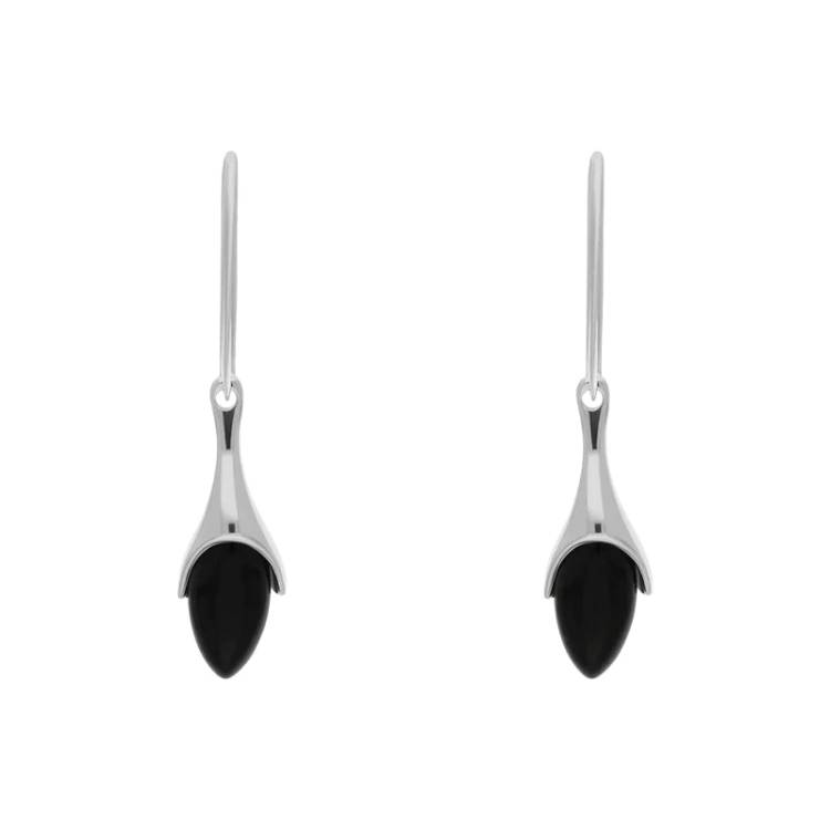 Sterling Silver Whitby Jet Tapered Marquise Drop Earrings - Silver