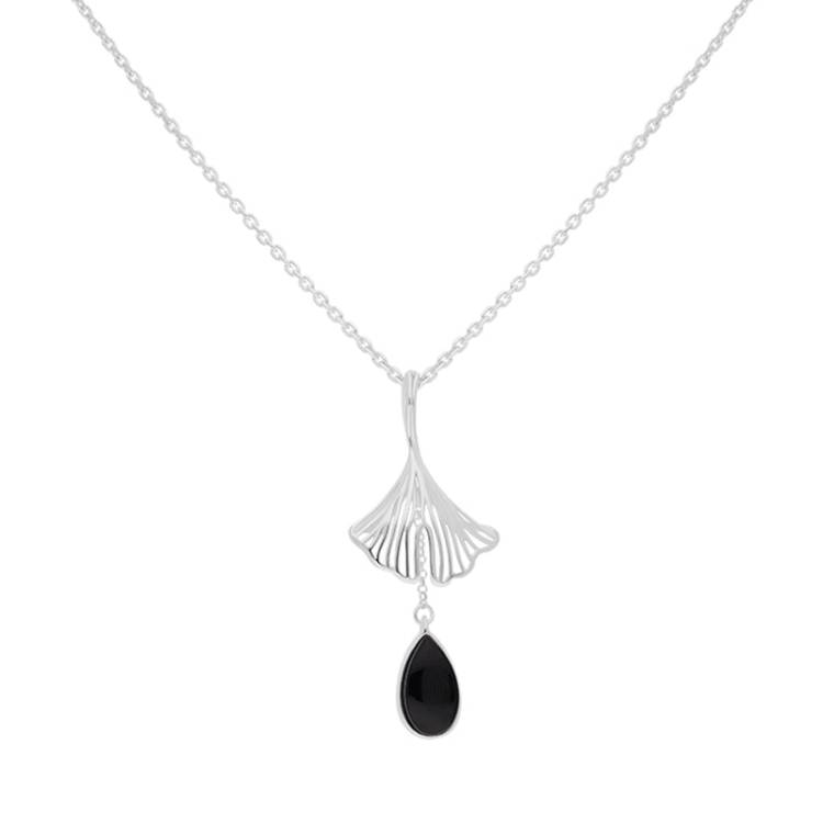 Sterling Silver Whitby Jet Teardrop Ginkgo Biloba Leaf Pendant - Silver