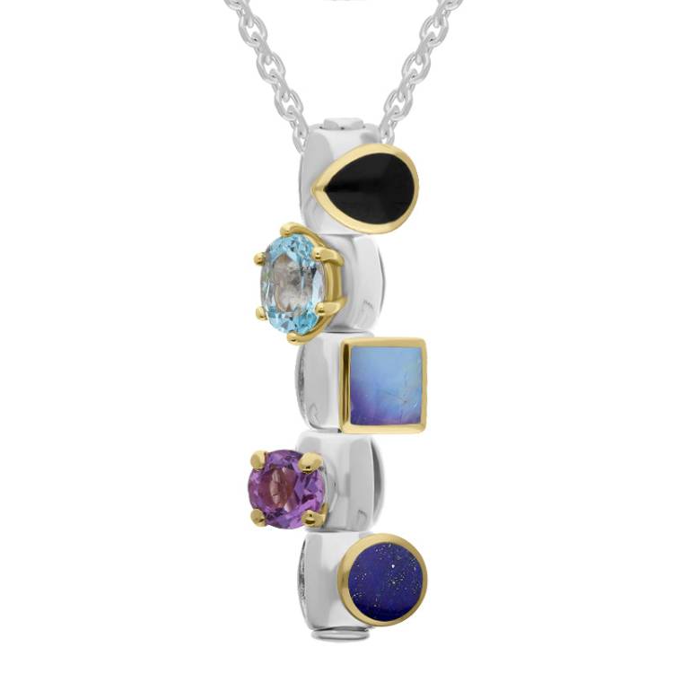 Sterling Silver Whitby Jet Topaz Moonstone Amethyst Lapis Lazuli Stepping Stones Five Charm Necklace - Silver