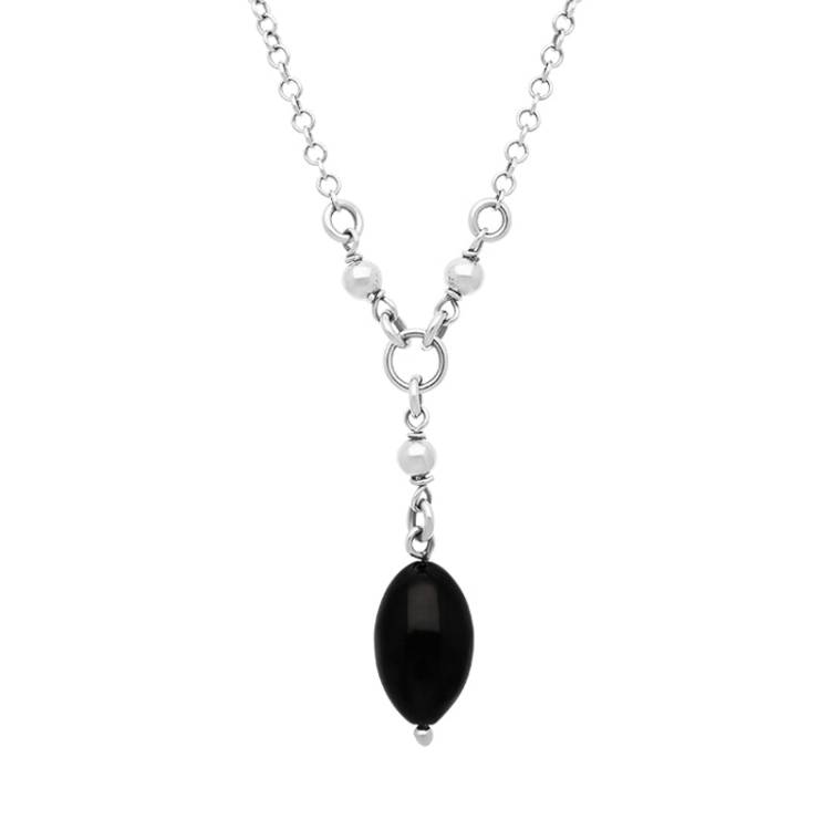 Sterling Silver Whitby Jet Torpedo Dropper Necklace D - Silver