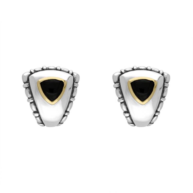 Sterling Silver Whitby Jet Triangular Omega Clip Earrings D - Silver