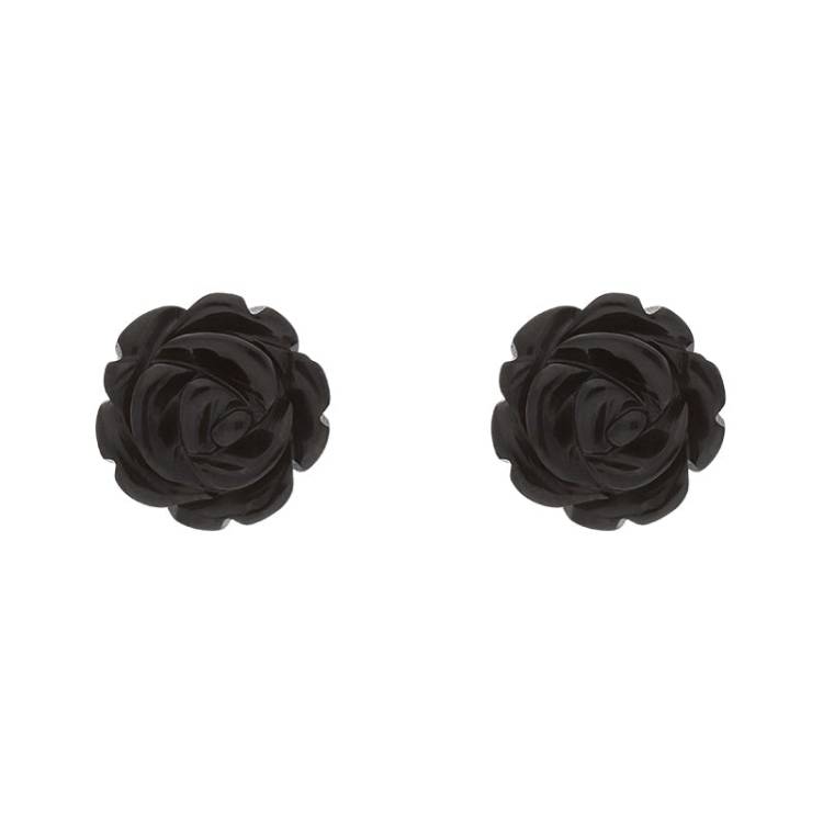 Sterling Silver Whitby Jet Tuberose 8mm Rose Stud Earrings - Silver