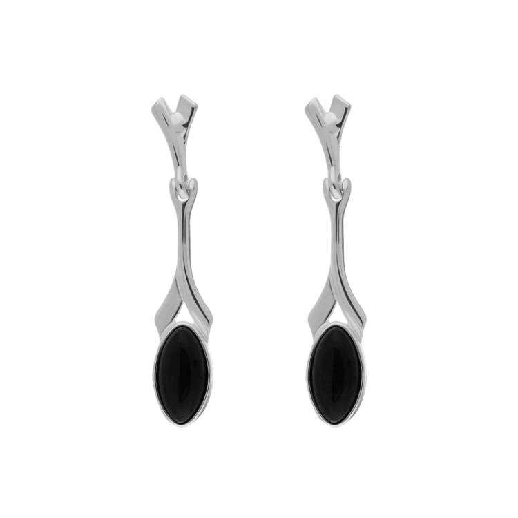 Sterling Silver Whitby Jet Twist Marquise Drop Earrings - Silver