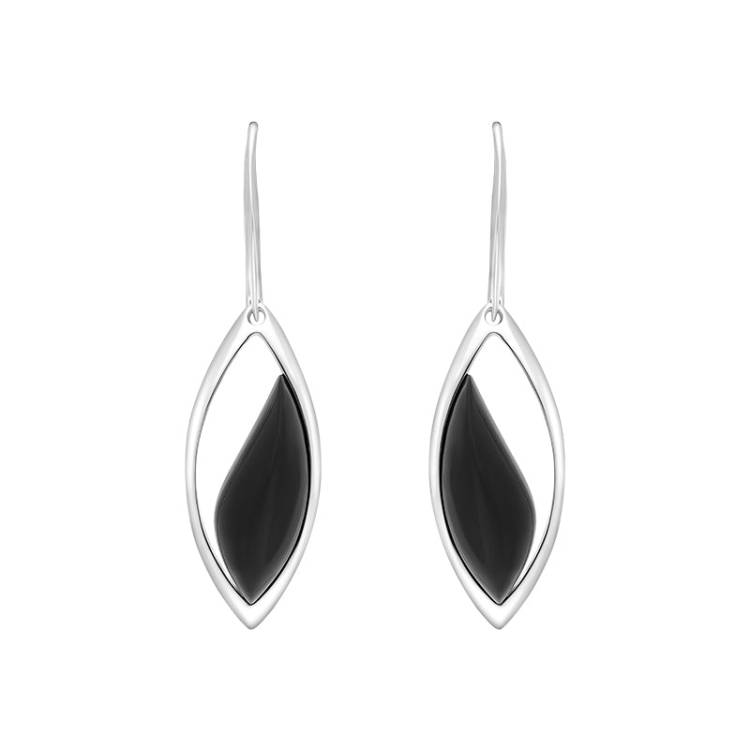 Sterling Silver Whitby Jet Wavy Marquise Open Drop Earrings