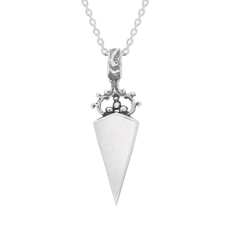 Sterling Silver Whitby Jet Mother Of Pearl Double Sided Scroll Dagger Fob Necklace - Sterling Silver