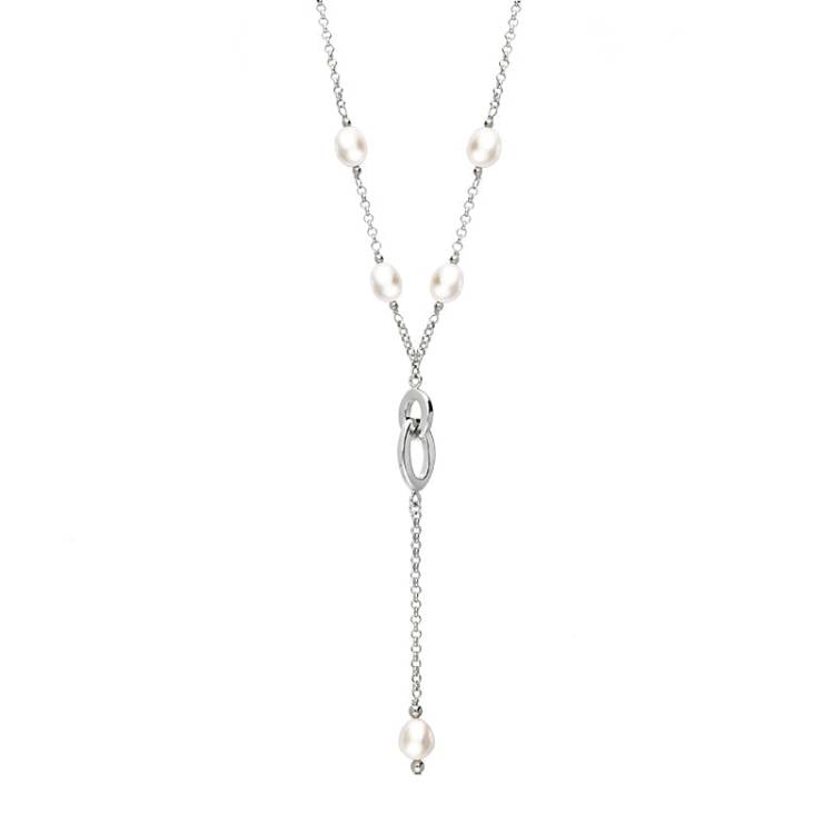Sterling Silver White Pearl Five Stone Double Oval Drop Necklace D - Silver