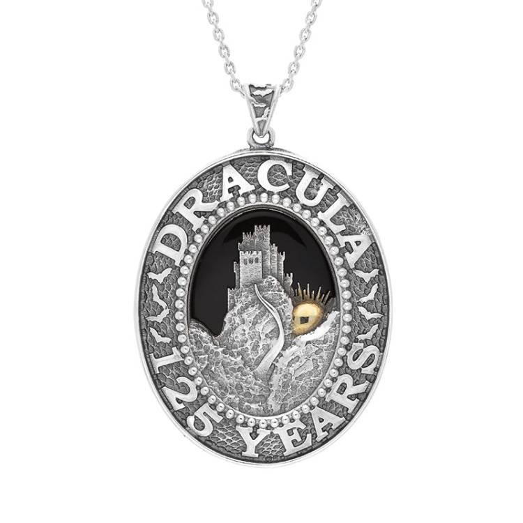 Sterling Silver Yellow Gold Plated Whitby Jet Dracula 125 Year Anniversary Large Oval Pendant - Silver
