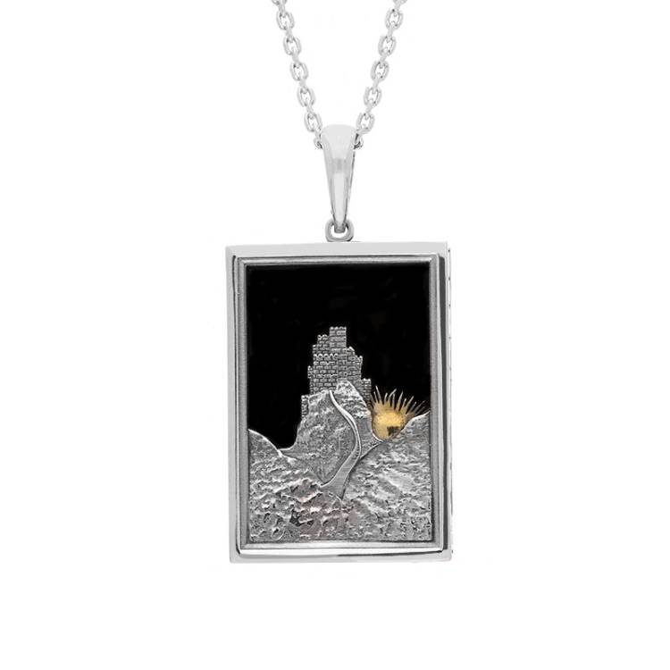 Sterling Silver Yellow Gold Plated Whitby Jet Dracula 125 Year Anniversary Rectangle Pendant - Silver