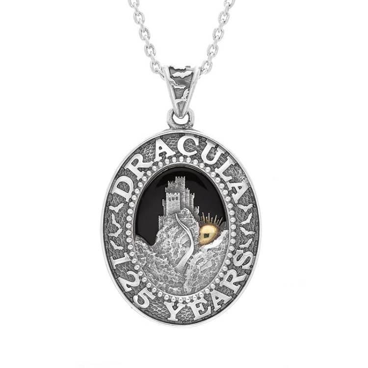 Sterling Silver Yellow Gold Plated Whitby Jet Dracula 125 Year Anniversary Small Oval Pendant - Silver