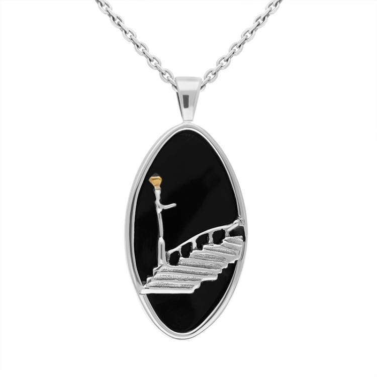 Yellow Gold Plated Sterling Silver Whitby Jet Marquise Necklace - Silver
