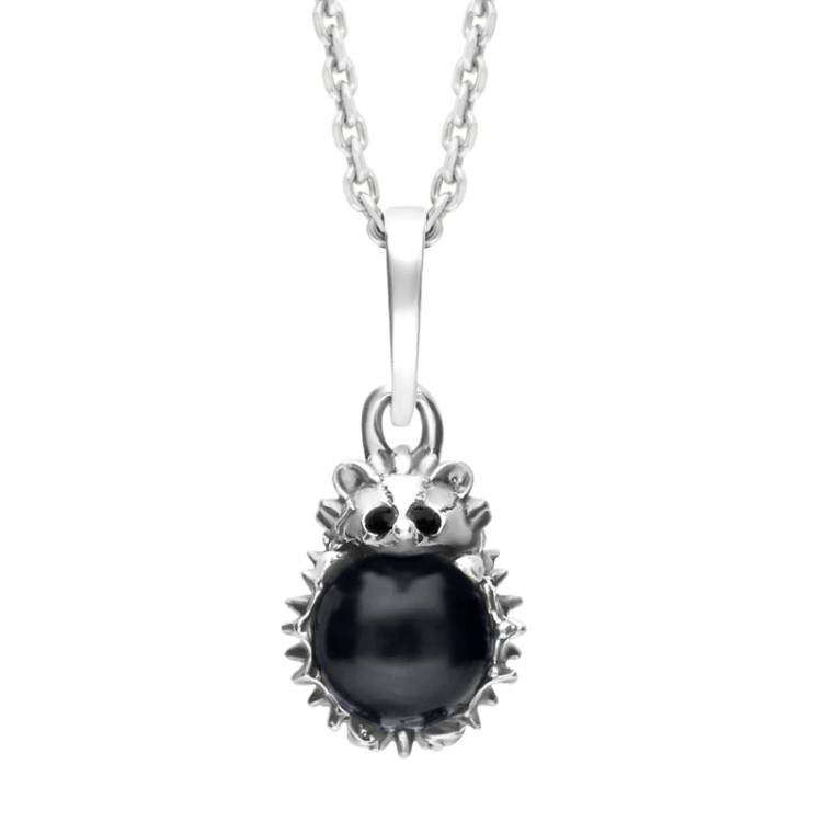 Sterling Silver Whitby Jet Tiny Hedgehog Necklace - Silver