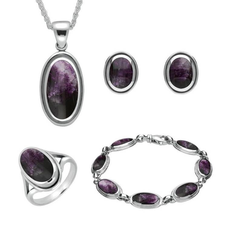 Sterling Silver Blue John Ribbed Oval Four Piece Set - Silver